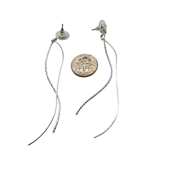 Pierced Modern Spiral Earrings Wavy Textured Sleek Silver Tone 3" Long Dangle - Picture 3 of 5